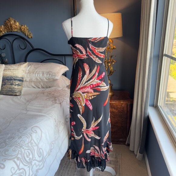 Black w Tropical Red Feather Print Chiffon Midi Dress - Picture 8 of 15